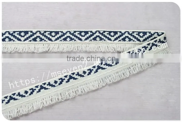 Newest design polyester 2 cm width ethnic woven webbing with fringe