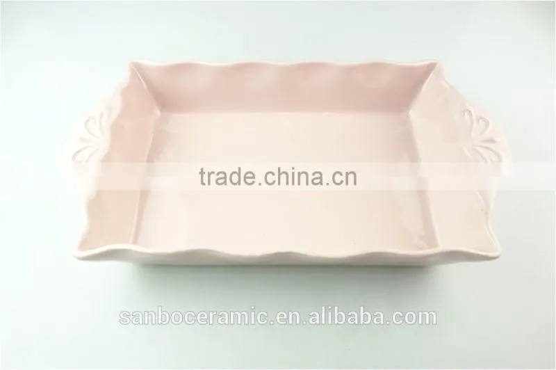 Stocklot light glaze rectangular shape ceramic bakeware with handles