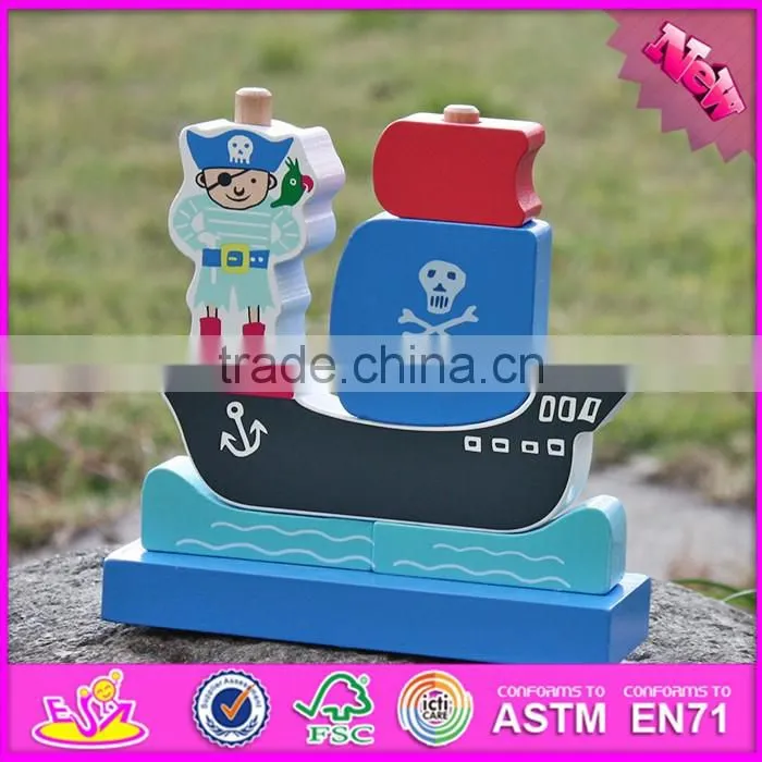 2017 new design pirate boat shape wooden stacking toys for 1 year old W13D134
