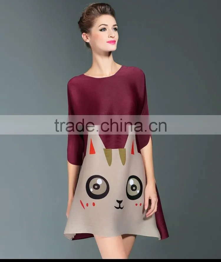 Lovely cat print women loose custom design casual dress