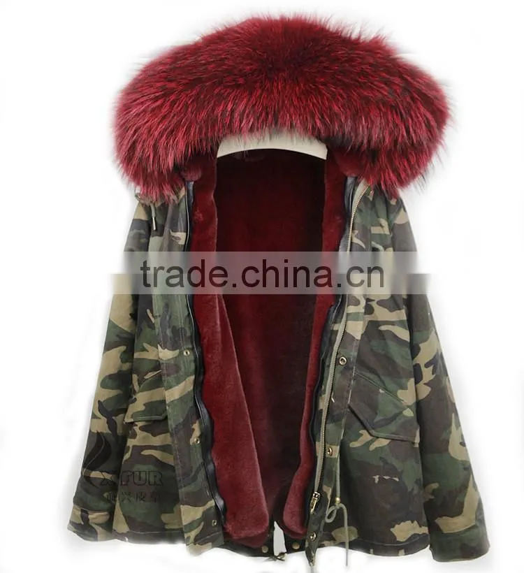 CX-G-P-10A Genuine Faux Fur Coat With Raccoon Fur Collar