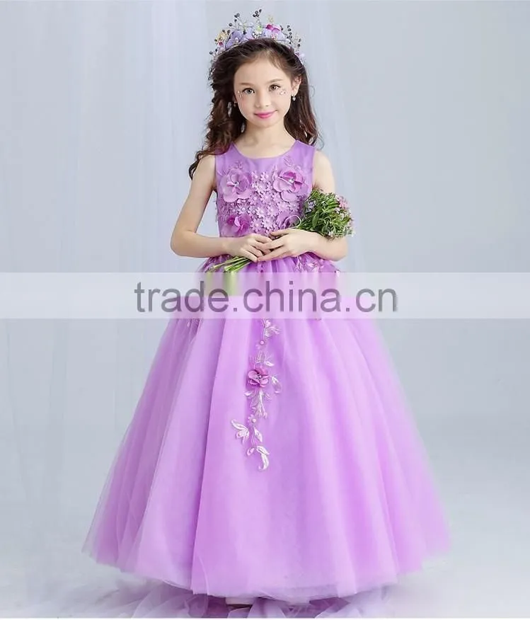 New Arrival Violet Ball Gown Tulle Girls Long Wedding Dress Sleeveless Embroidery Flower handmade Beaded Purple Prom party dress