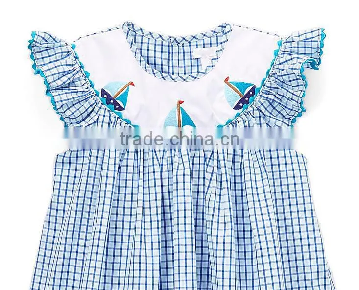 Children Boutique Cotton frocks designs baby blue boat Smocked Dress Summer kids clothing