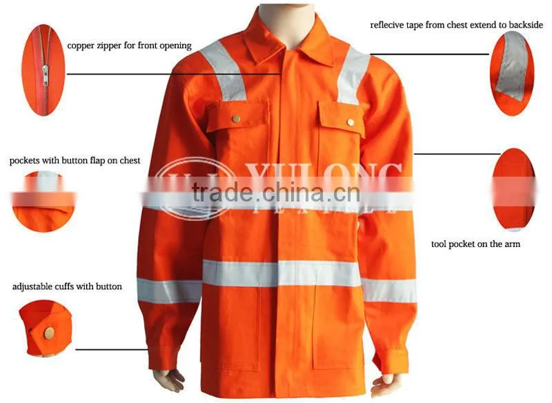 China EN20471 cvc cotton/polyester 60/40 orange reflective 3M high vis jacket