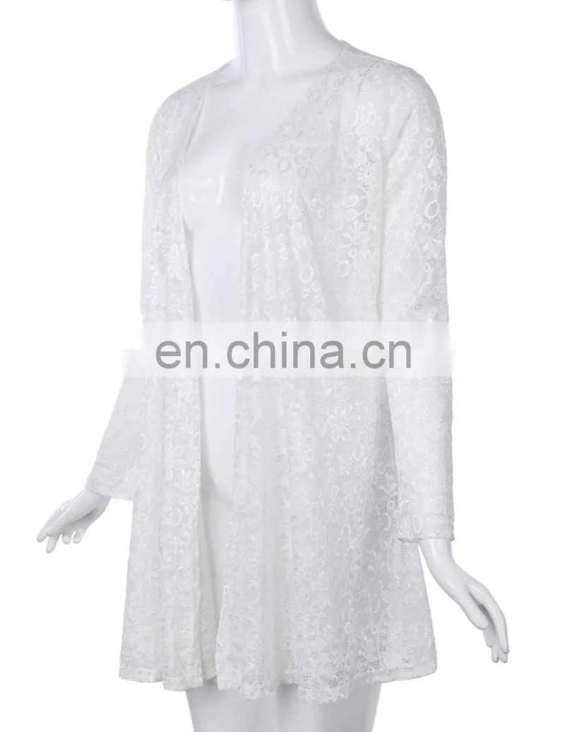 Kate Kasin Long Sleeve Open Front See-Through White Lace Coat Tops Bolero KK000421-2