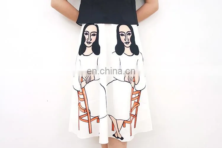 2015 New Fashion Portraits printed High Waist Slim Skirt Ladies Pleated Skirt Black and white printing skirt