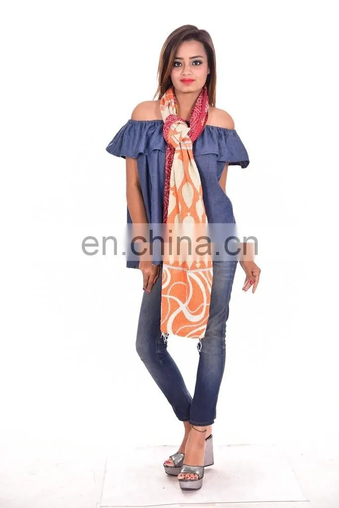 Reversible Vintage Cotton Kantha Scarf Handmade Hijab Stole Sari Shawl
