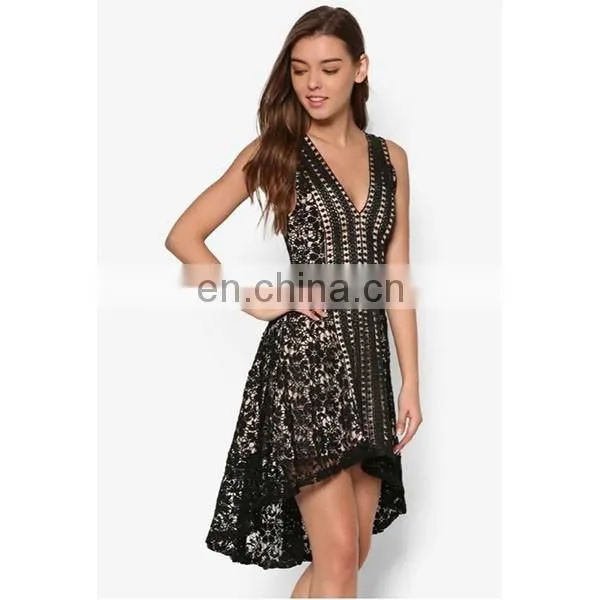 Custom Hi-Lo Hem Lace Dress Sexy V-neck Sleeveless Lace Cocktail dress