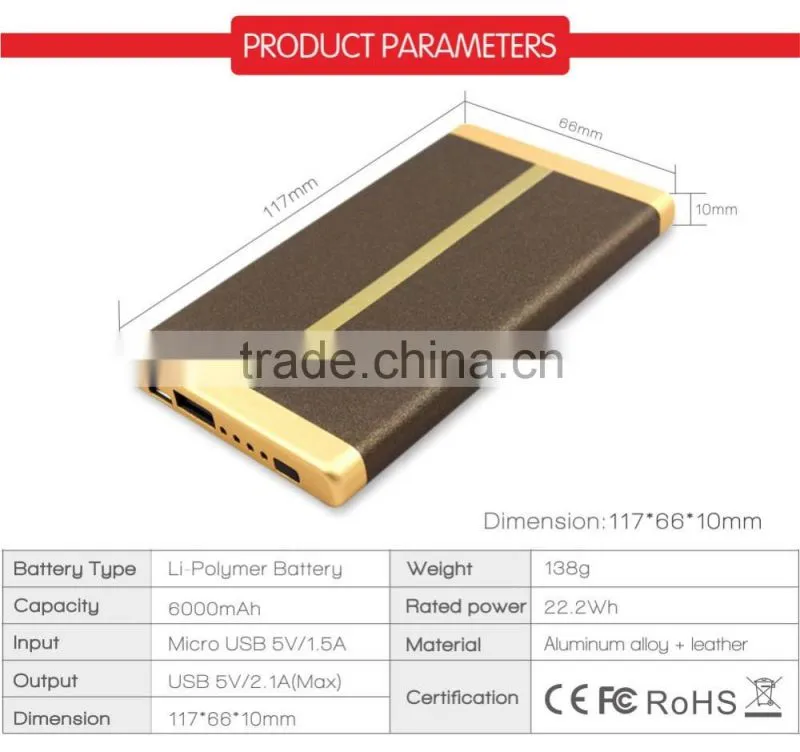 Customizing LOGO portable charger 6000mah leather power bank