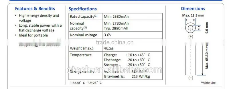 E-vehicle lithium battery NCR18650PF 2900mAh 3.6V rechargeable power type battery, 10A high drain battery