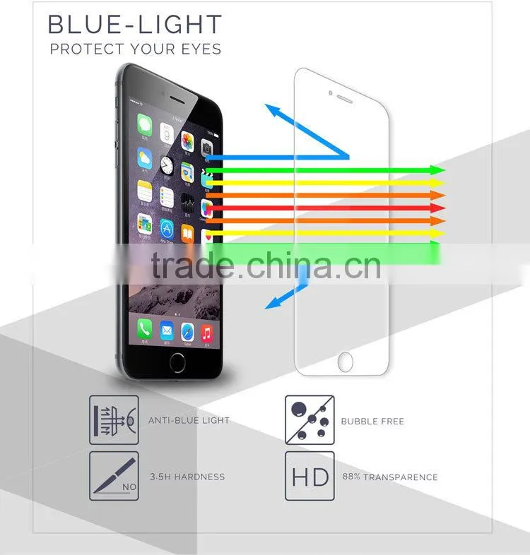 Pulikin design! 95% transparency anti blue light tempered glass 0.33mm cell phone screen protector for iphone6 plus