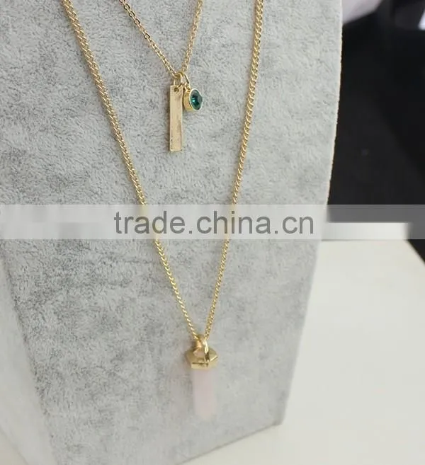 Hot Sale European And American Design Rose Gold Plated Necklace Ornaments Multilayer Emerald Crystal Color Stone Bead Neckladces