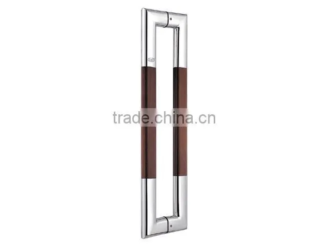 Lows price stainless steel glass door handle with wood decoration in middle