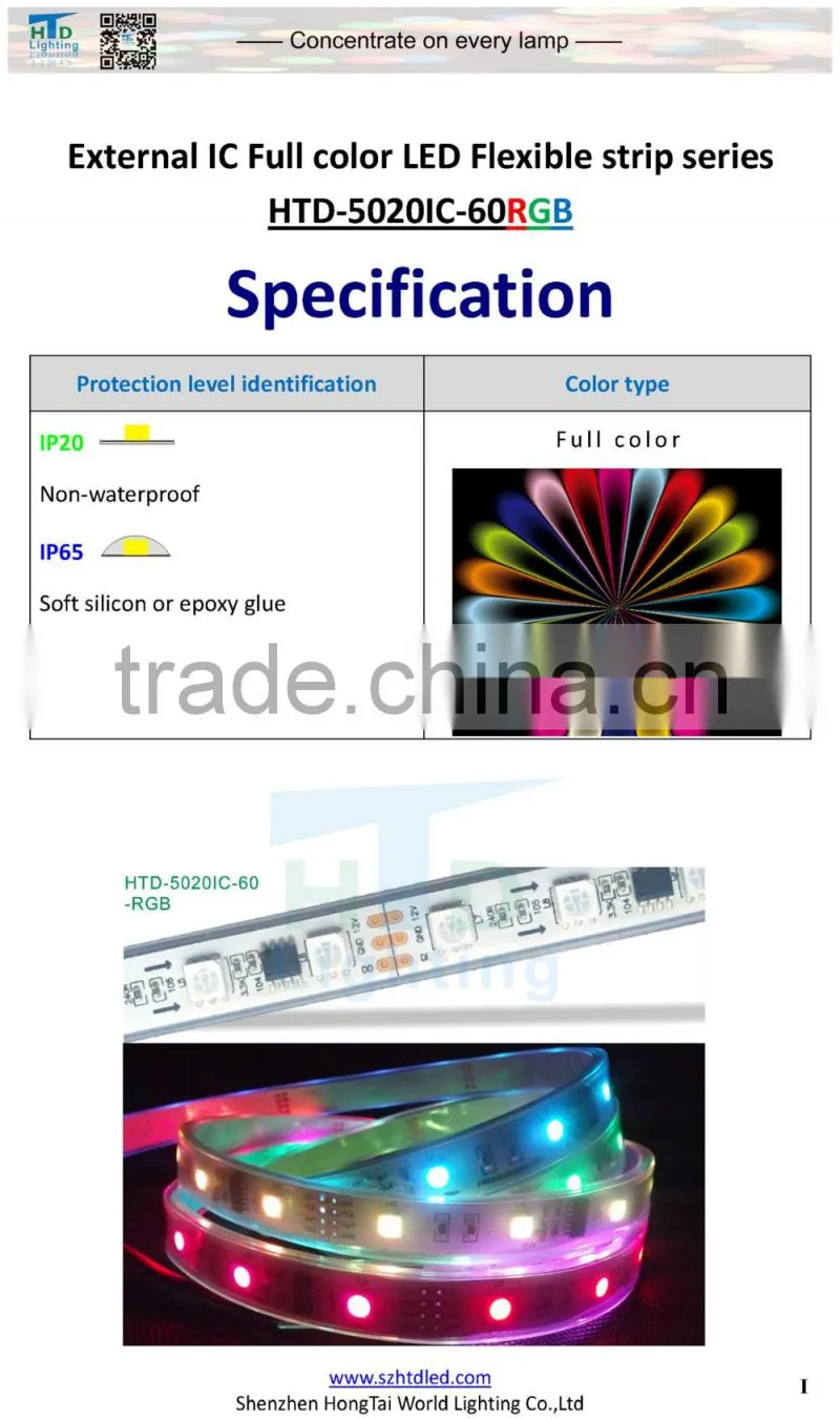 12V 5050 full color led strip light with 20pixels per meter 3leds cuttable