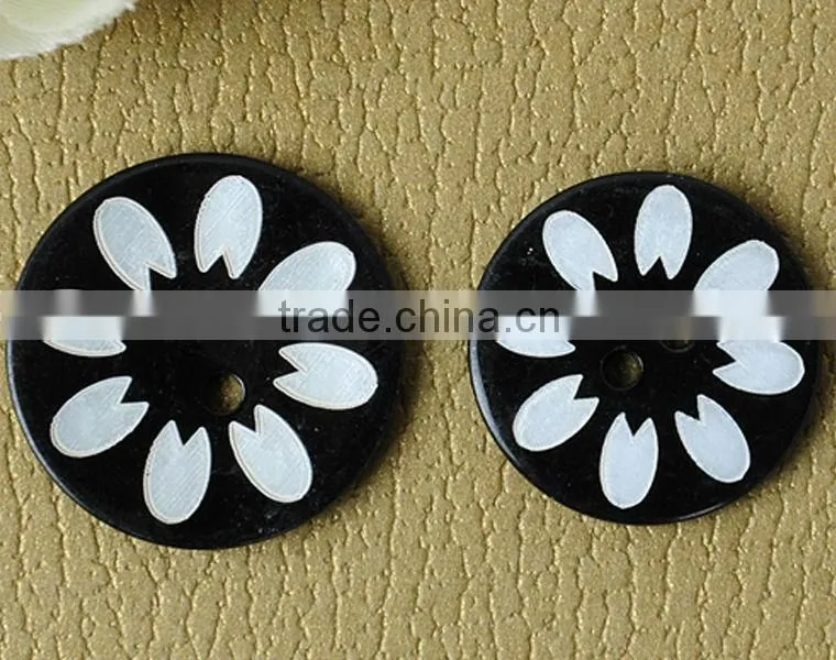 black big size 2 holes Japanese agoya shell button with flower laser engraved on