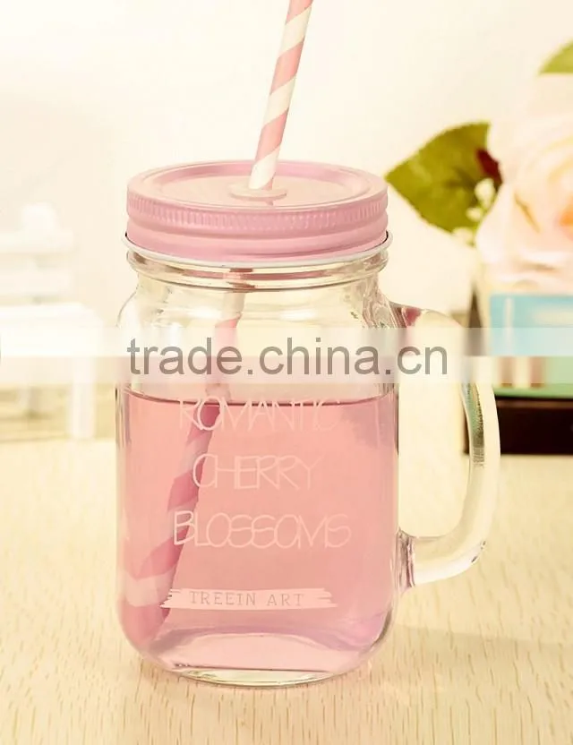 handle glass jar for water with lid and straw