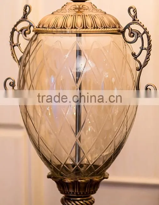 Olivary design clear glass body metal bottom fabric lampshade table lamp