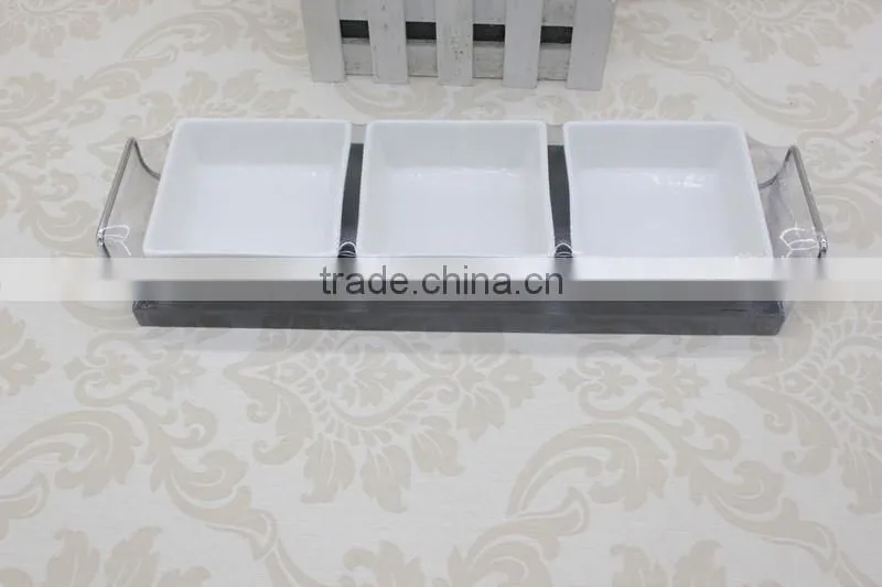 porcelain buffet serving dish set with MDF base ,Set 3 porcelain square bowls serving dishes