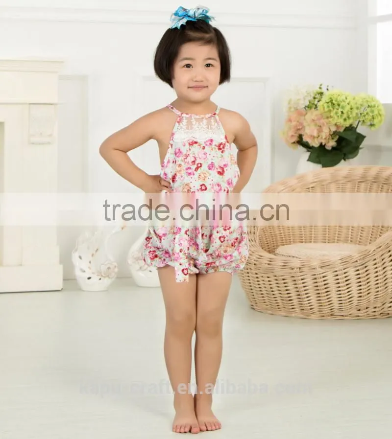 New Arrival Baby Cute Design Girls Satin Floral Lace Backless Sling Cotton Jumpsuit Romper For Kids