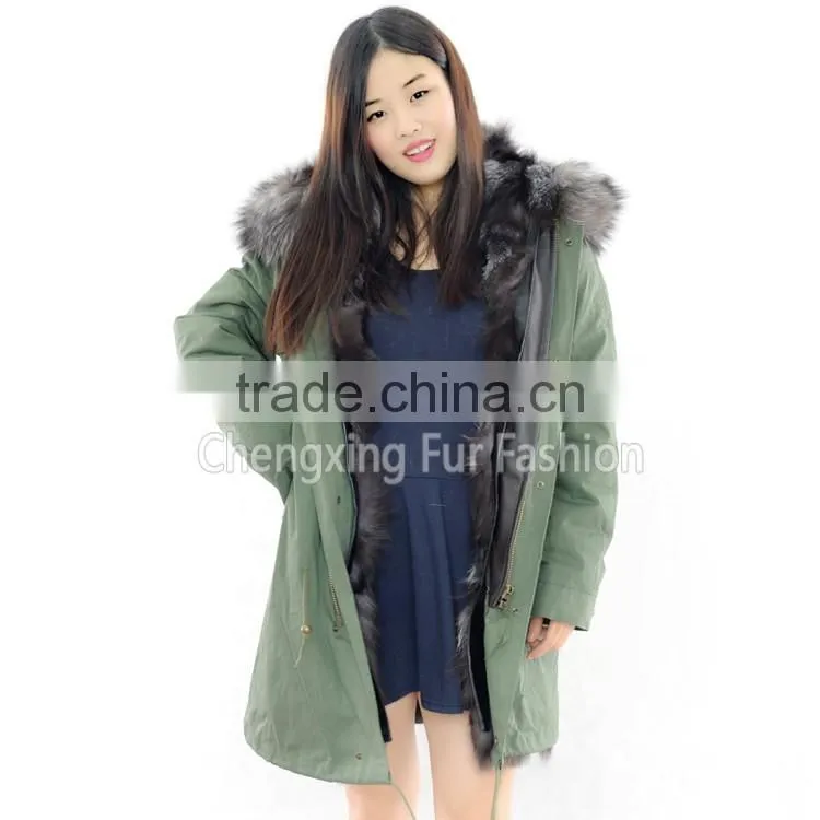 CX-G-P-04 Wholesale Winter Real Silver Fox Fur Lining Army Green Fur Parka Coat