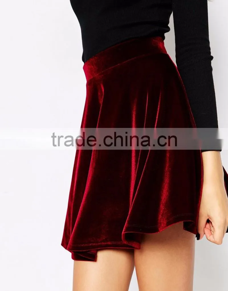 Fully lined soft-touch skater skirt women, velvet mini skirts 2015