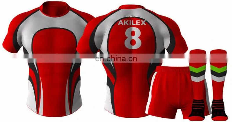 2016 trendy red custom design sublimation rugby jersey with socks