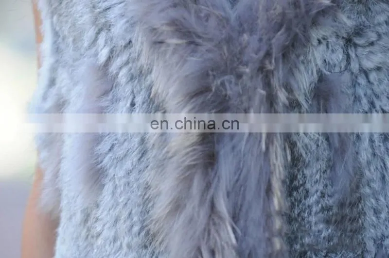 European style knitted rabbit fur vest with raccoon fur trimming for women
