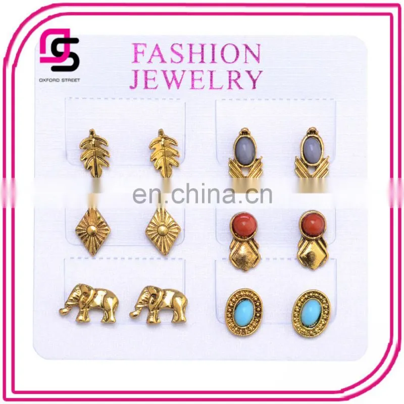 6pcs/set 2017 Europe and the United States Bohemian elephant leaves stack earrings for ladies