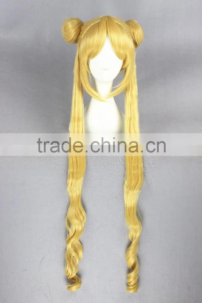 High Quality100cm Long Curly Sailor Moon Wig Blonde Synthetic Cosplay wig Anime Cosplay Costume Hair Wig Party Wig