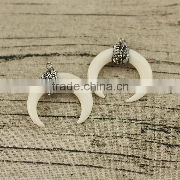 PC1634 New Crystal Pave Hand Carved Natural Cream Bone Crescent Pendants,Ivory Moon Pendants