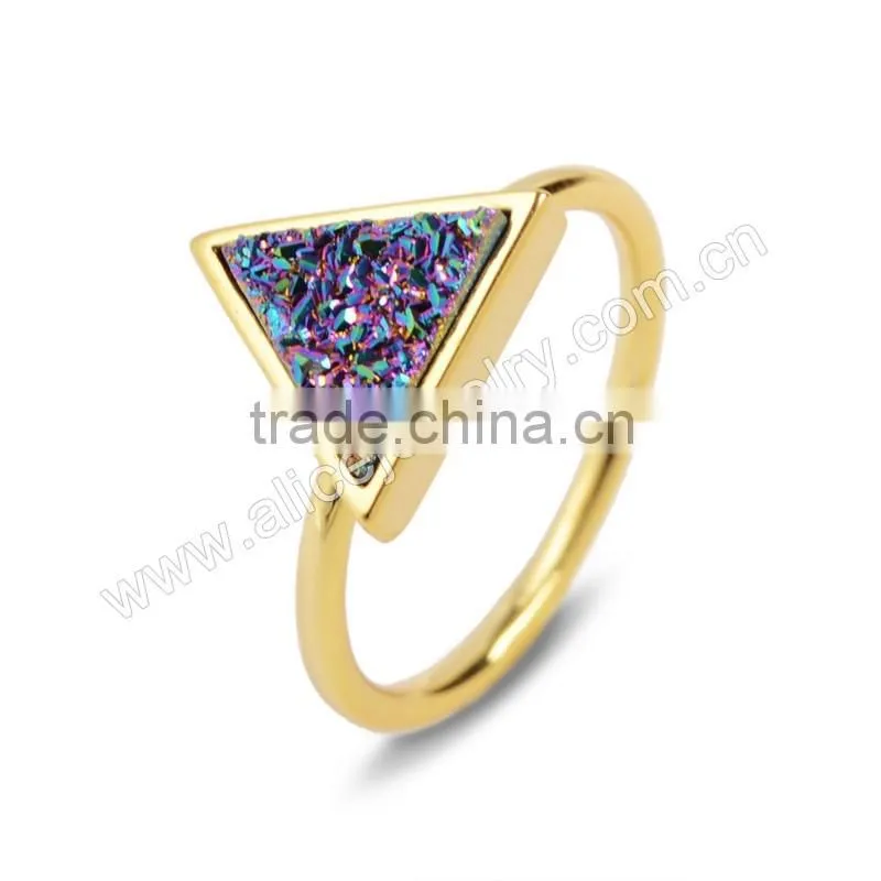Fashion Druzy Triangle Geometric Crystal Druzy Ring Gold Filled Wholesale Gemstone Bezel Ring Supplier