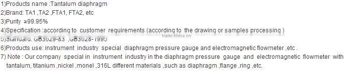 ta1 Tantalum diaphragm foil for pressure gauges hotsale
