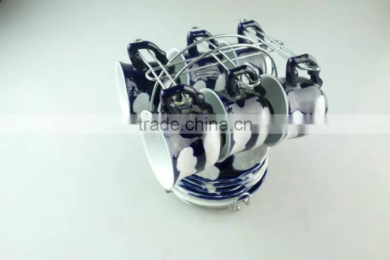 cheap wholesale porcelain blue glaze coffee tea set tableware cup and saucer with metal stand
