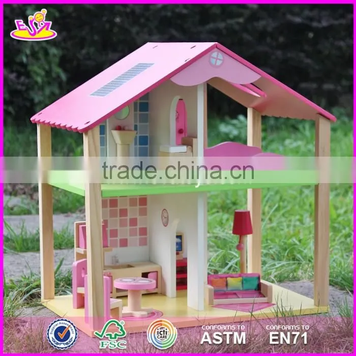 2017 New products lovely girls pink wooden dolls house for sale W06A165
