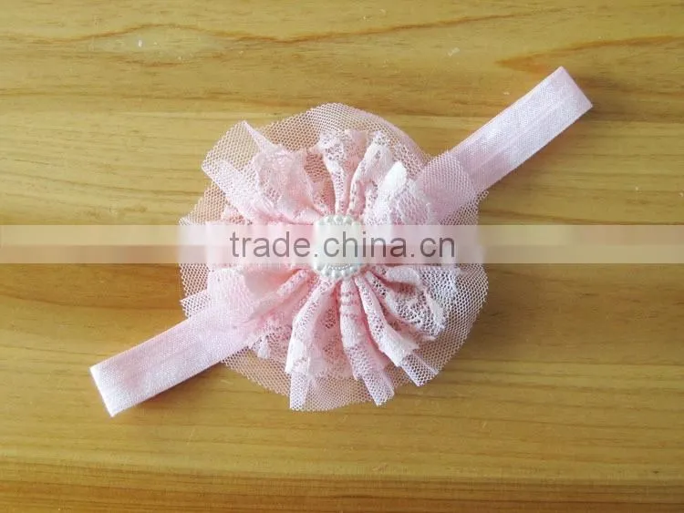 lace flower headband with pearl rhinestone in center for kids hair accessories