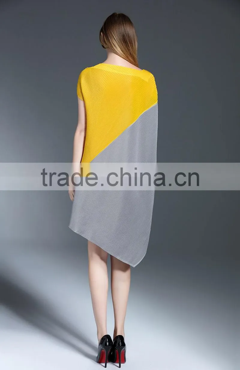 Women pleat trendy high low hem design sloping shoulder dress