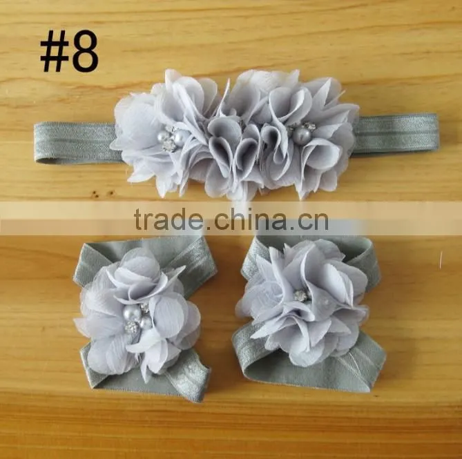 Hot 2014 fashion popular children's hand stitching Chiffon Rhinestone Flower Hair Band foot flower set and baby wrist flower