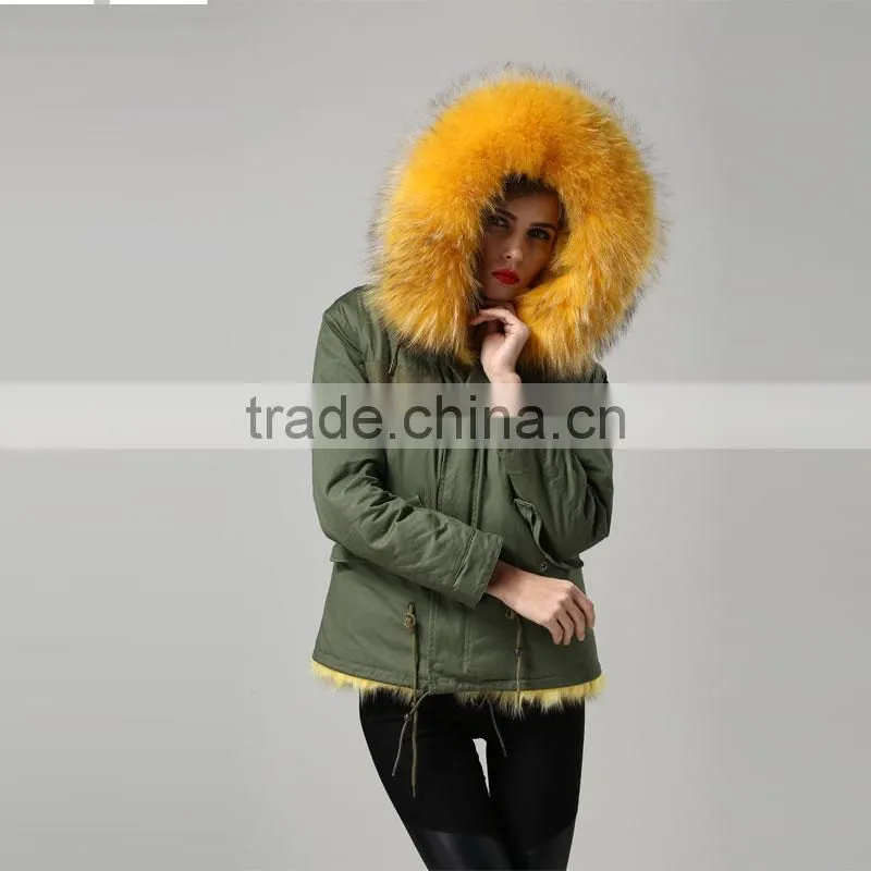 Yellow Fox Fur Wears Parka,Thickness Mini Winter Girls Fox Lined Parka