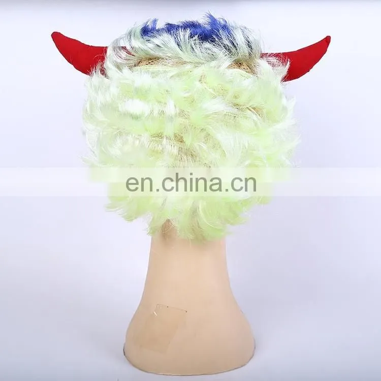 white and blue Devil Fans Wig with Horns