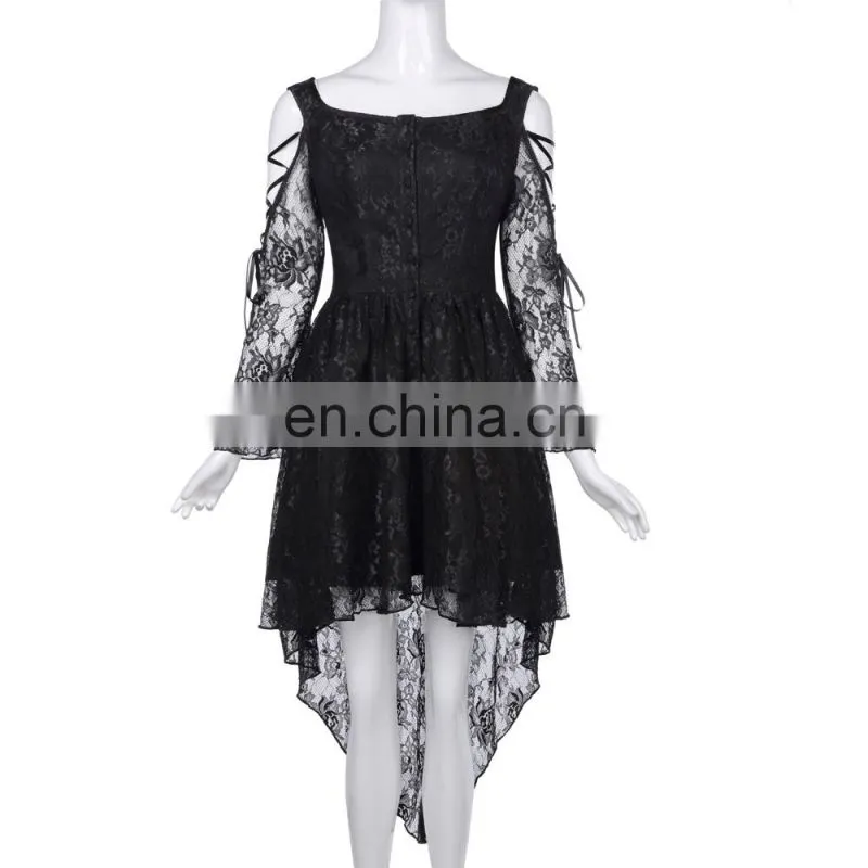 Belle Poque Retro Vintage Gothic Victorian Long Sleeve High-Low Black Lace Dress BP000350-1