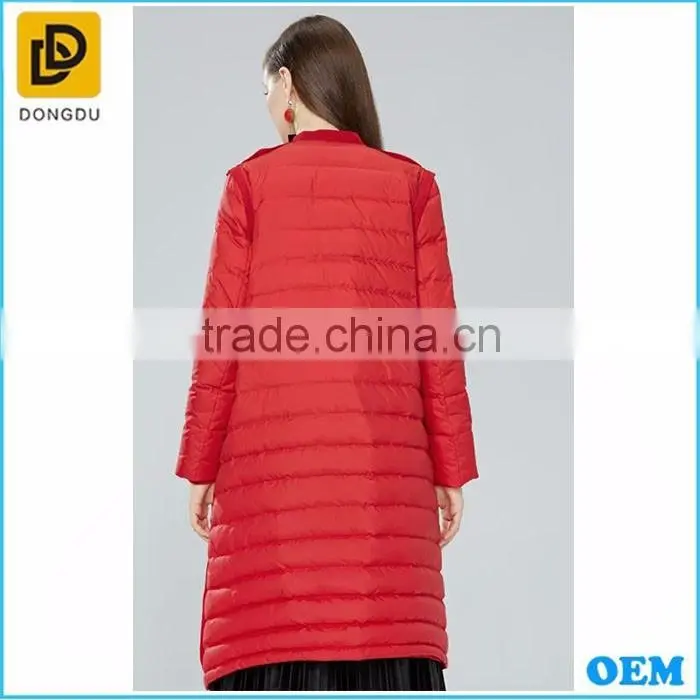 New design red long down jacket from Dongdu clothing factory