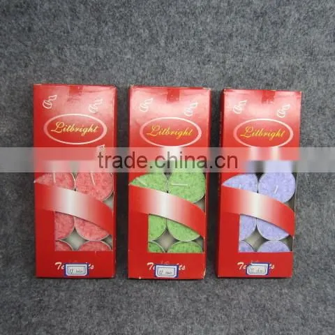 colorful tealight candles in box