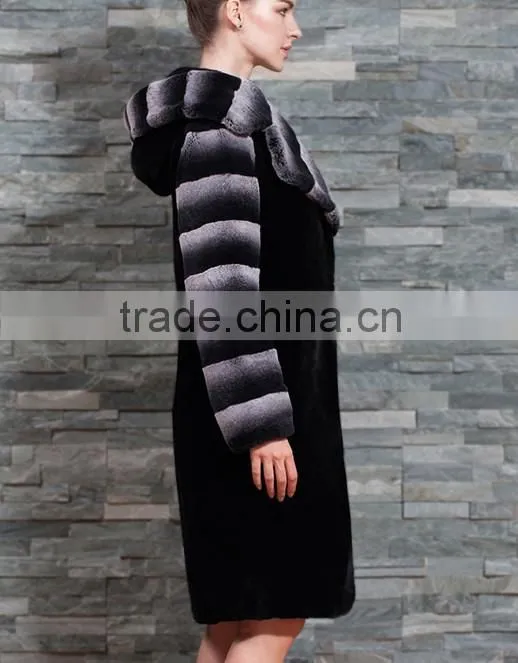 rex14068 hot selling rex rabbit fur coat with chinchilla color sleeves