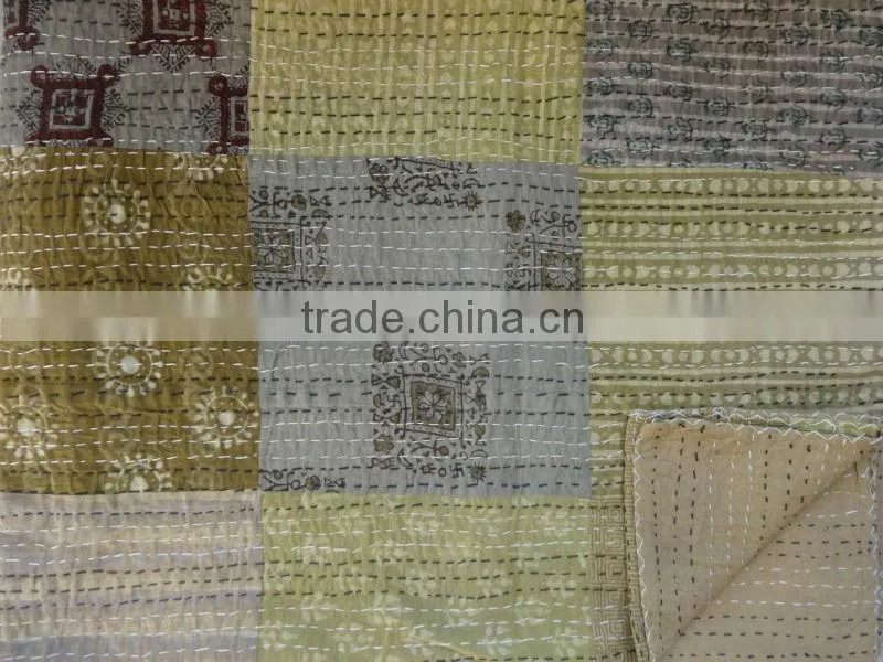 Queen Size Hand Block Print Patchwork Kantha Quilt, Cotton Bedspread
