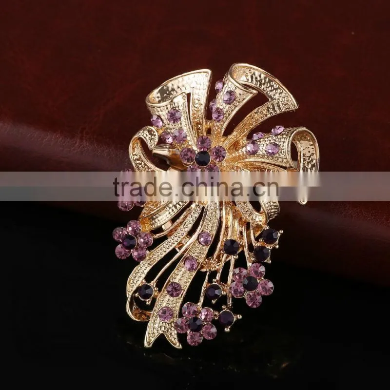 Bouquet Purple Rhinestone Brooch For Bag,Alloy Metal Rhinestone Scraf Buckle For Garment Embellishment