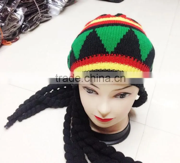 Hot Jamaica Reggae stylish knitted earflap hat jamaica knitted rasta hat with dreadlocks Bob Marley Hair Fancy Hat