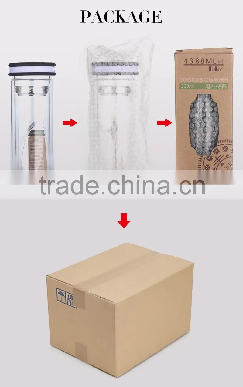 double wall borosilicate glass water bottle PP material with strainer