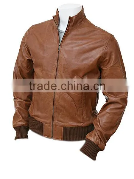 men's Tan Leather Collar Bomber Jacket