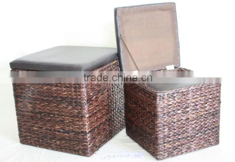 Set of 3 cattail leaf weaving ottoman with PVC wrap top cover