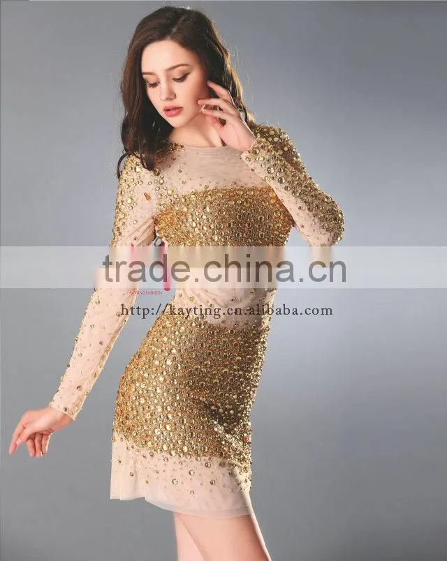Stunning sexy heavy beaded long sleeve knee length round neck elegant yellow gold bridesmaid dresses